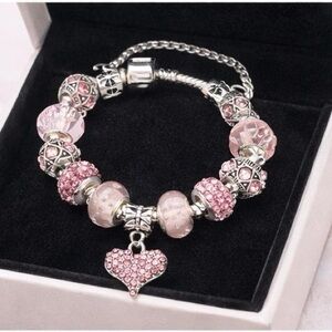 New Pink Crystal Charm Bracelet Silver Tone European Beads Sparkly Heart Dangle